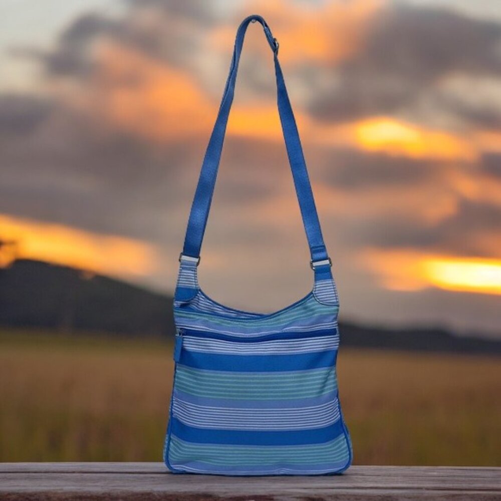 Vera Bradley Blue Green White Stripe Crossbody Shoulder Purse Adjustable Straps